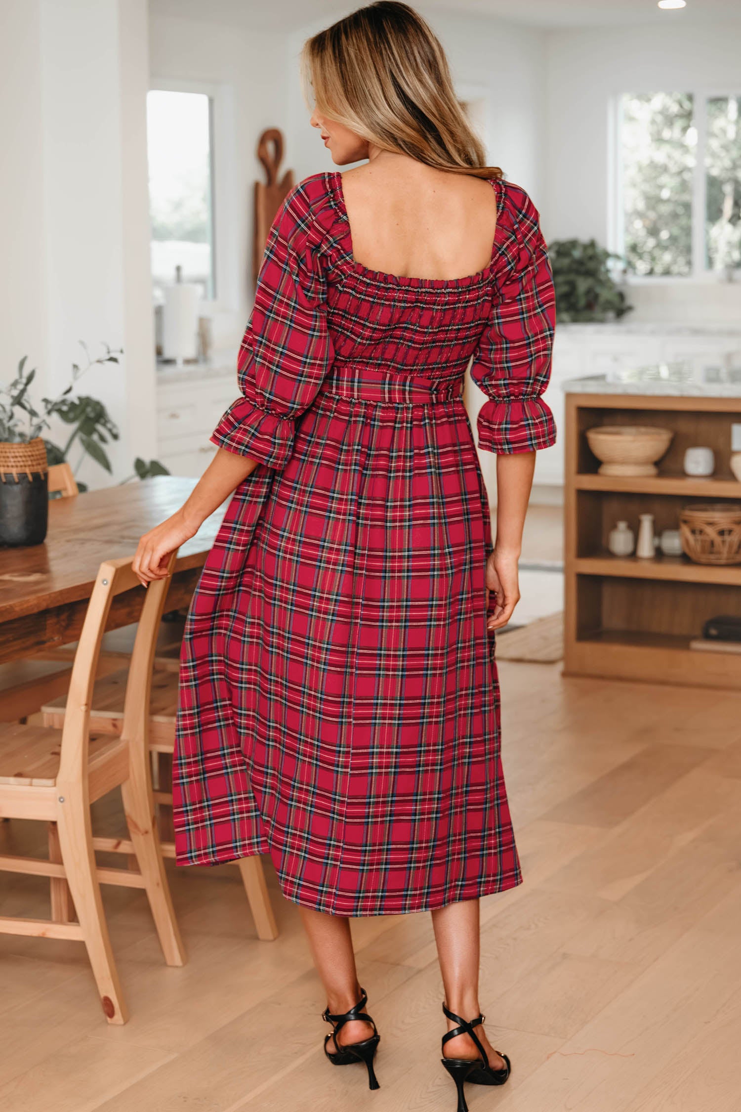 Red Tartan Plaid Square Neck Puff Sleeve Knot Waist Flared Midi Dress-TOPS / DRESSES-[Adult]-[Female]-2022 Online Blue Zone Planet
