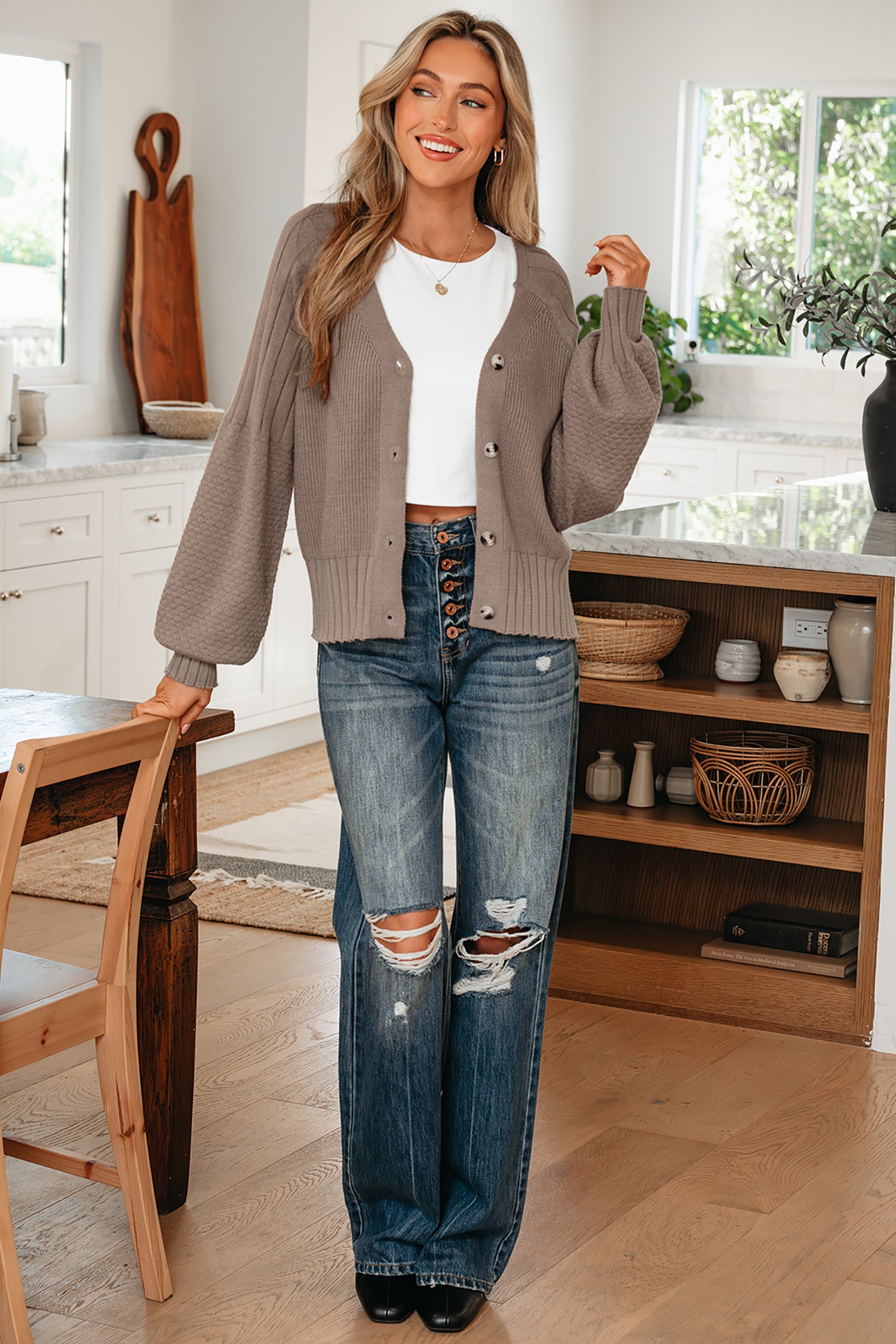 Goat Mixed Texture Knit Button V Neck Sweater Cardigan-TOPS / DRESSES-[Adult]-[Female]-2022 Online Blue Zone Planet