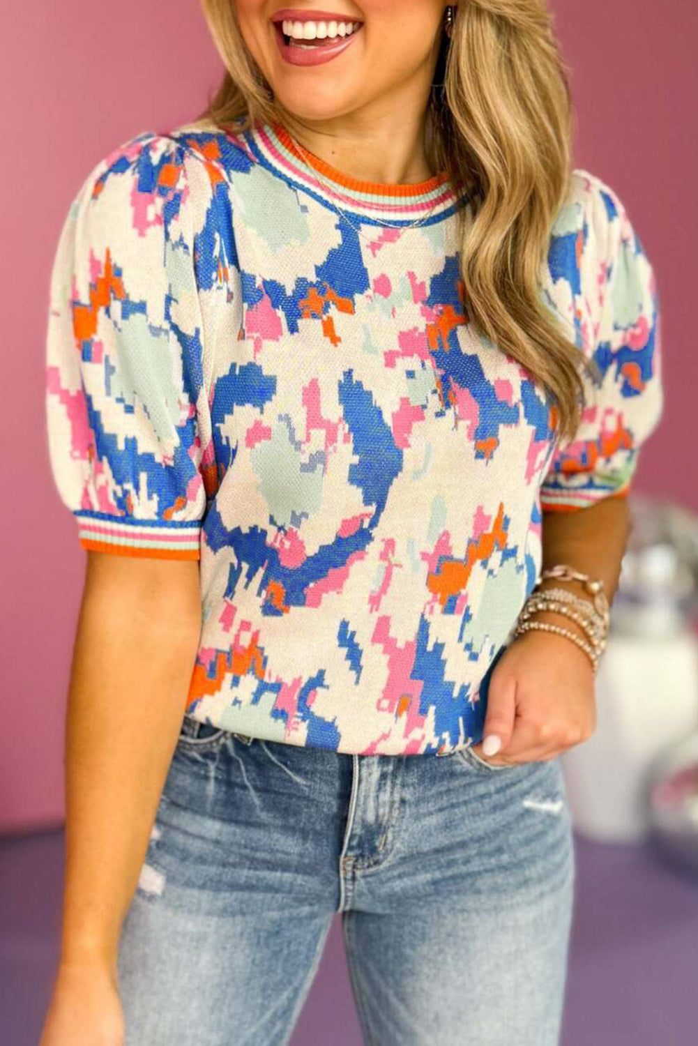 Apricot Abstract Pattern Knit Contrast Striped Trim Short Sleeve Sweater-Sweaters & Cardigans/Short Sleeve Sweaters-[Adult]-[Female]-Apricot-S-2022 Online Blue Zone Planet