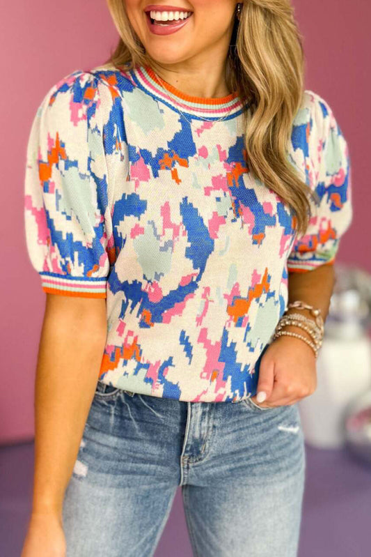 Apricot Abstract Pattern Knit Contrast Striped Trim Short Sleeve Sweater-Sweaters & Cardigans/Short Sleeve Sweaters-[Adult]-[Female]-Apricot-S-2022 Online Blue Zone Planet