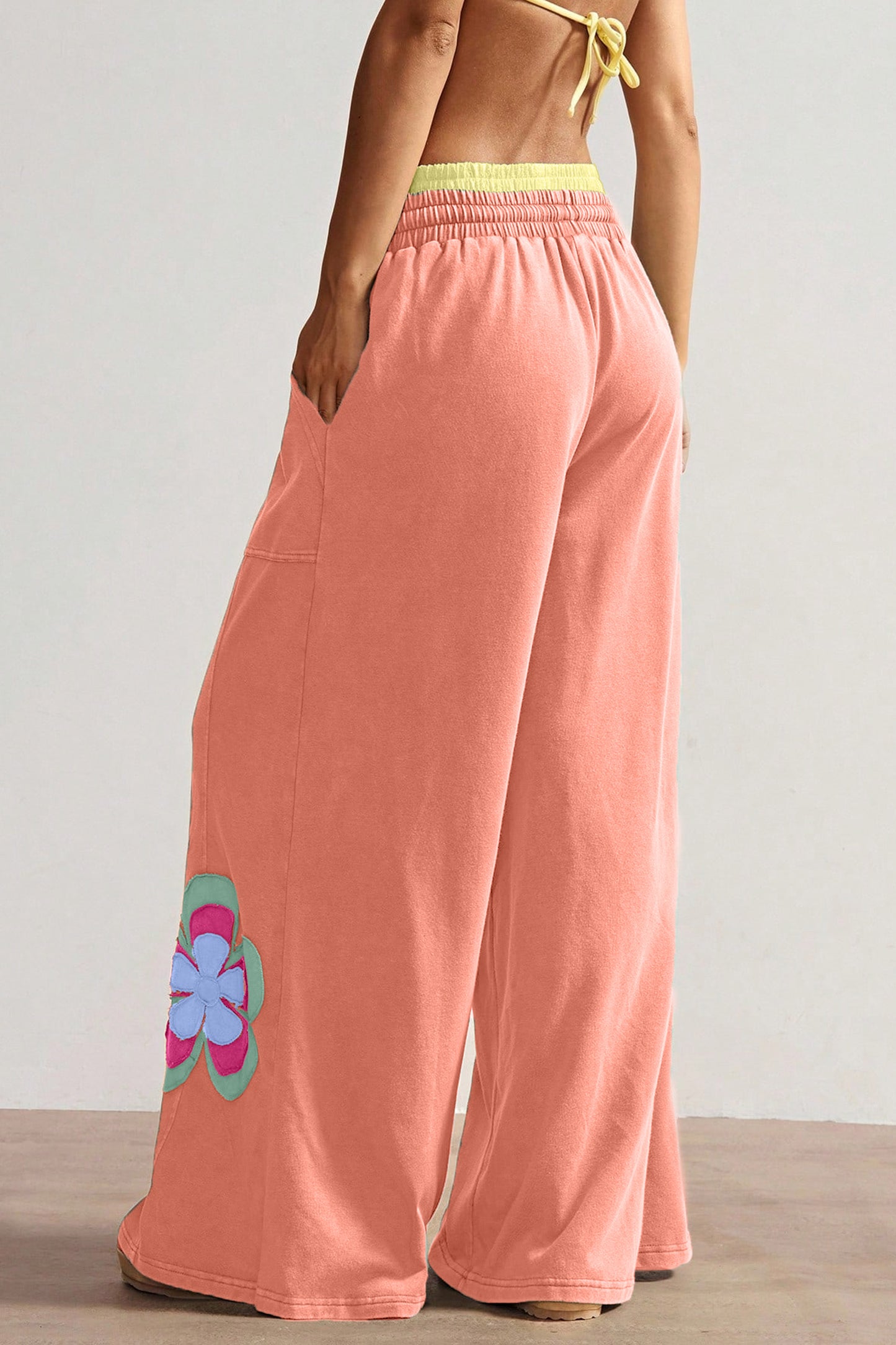Grapefruit Orange Color Block Flower Patchwork Drawstring Contrasted Elastic Waist Wide Leg Pants-Bottoms/Pants & Culotte-[Adult]-[Female]-2022 Online Blue Zone Planet