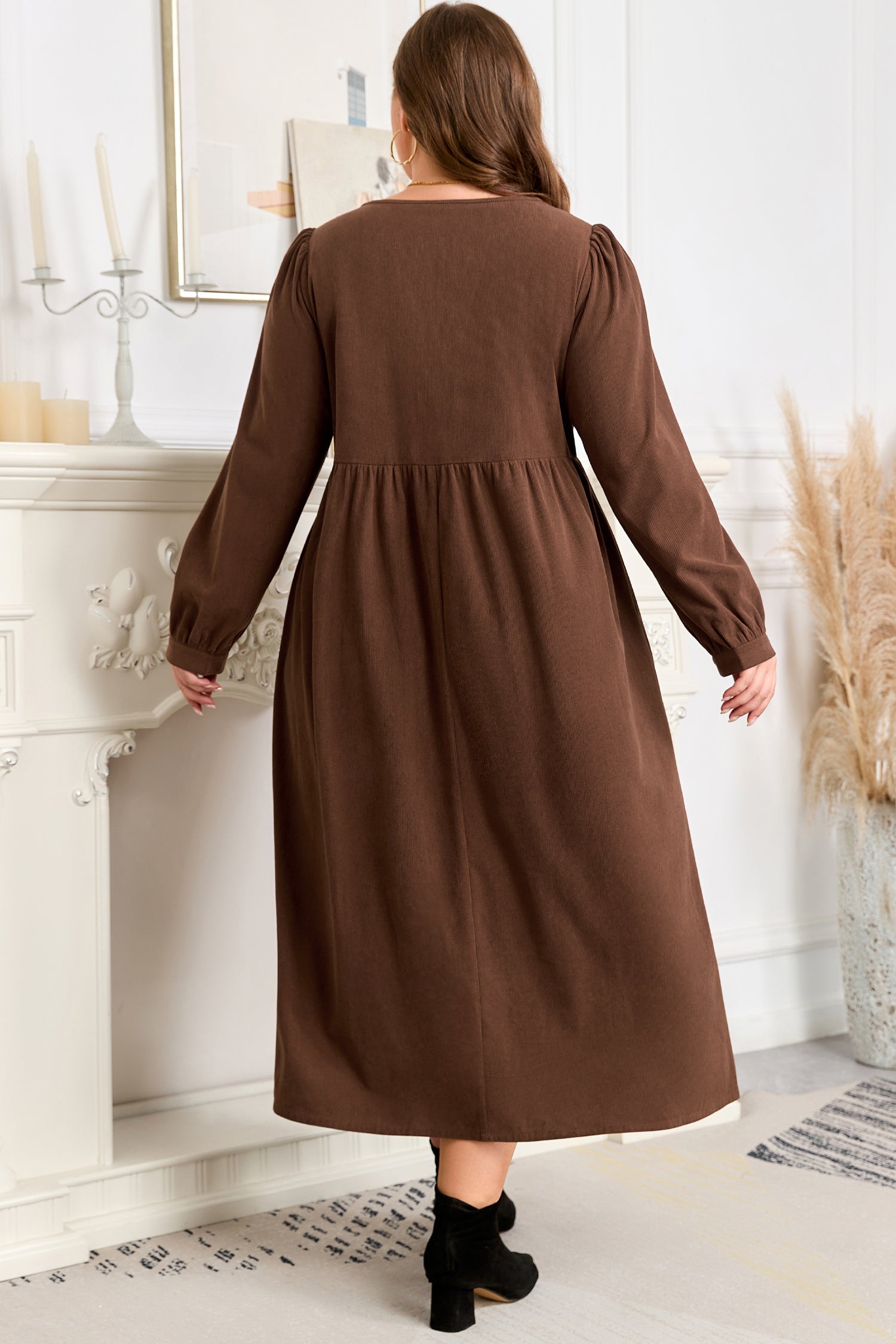 Coffee Embroidered Notched Neckline Textured Pleated High Waist Plus Size Midi Dress-TOPS / DRESSES-[Adult]-[Female]-2022 Online Blue Zone Planet