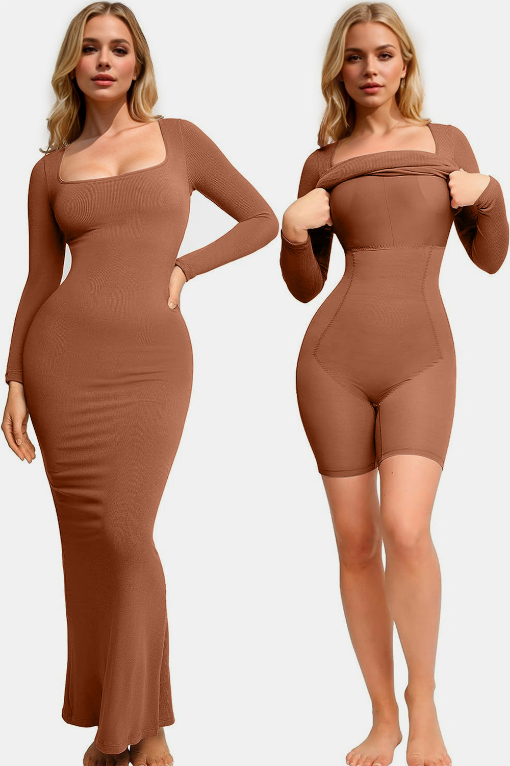 Basic Bae Built-In Shapewear Square Neck Long Sleeve Maxi Dress-TOPS / DRESSES-[Adult]-[Female]-Caramel-S-2022 Online Blue Zone Planet