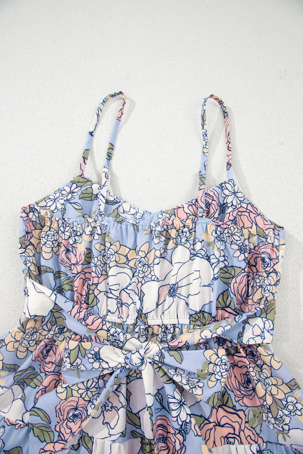 Sky Blue Floral Tiered Patchwork Spaghetti Strap Vacation Dress-TOPS / DRESSES-[Adult]-[Female]-2022 Online Blue Zone Planet