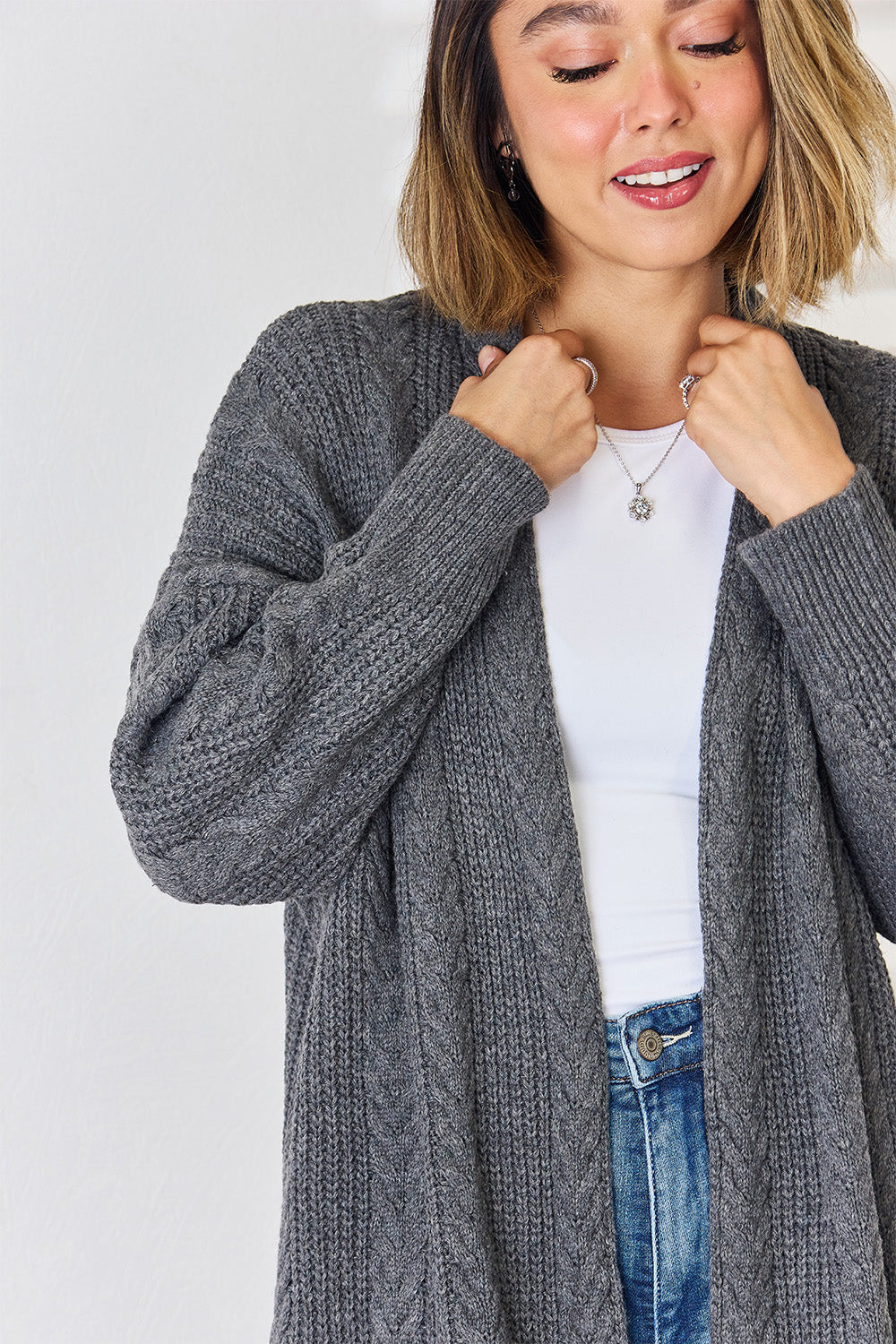 Cable-Knit Open Front Dropped Shoulder Cardigan-TOPS / DRESSES-[Adult]-[Female]-2022 Online Blue Zone Planet