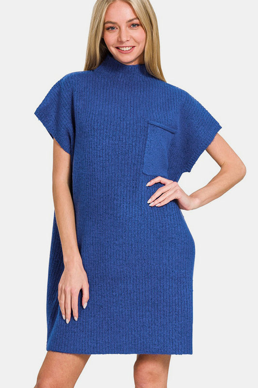 Zenana Short Sleeve Sweater Mini Dress-TOPS / DRESSES-[Adult]-[Female]-Navy-S-2022 Online Blue Zone Planet