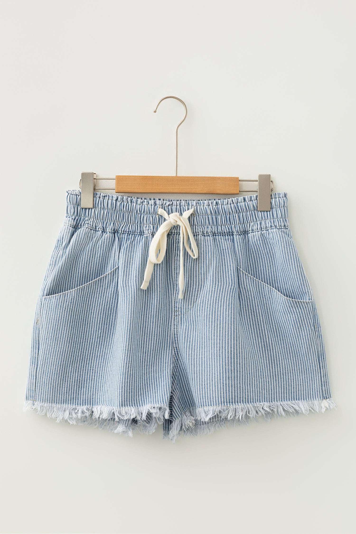 Sky Blue Stripe Raw Edge Drawstring Elastic Waist Casual Denim Shorts-Bottoms/Denim Shorts-[Adult]-[Female]-2022 Online Blue Zone Planet