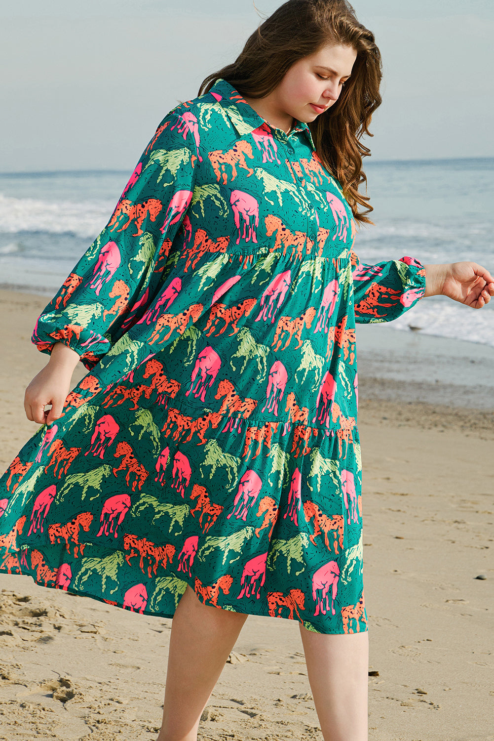 Blue Zone Planet | Green Horse Printed Long Sleeve Collared Buttoned Plus Size Midi Dress-TOPS / DRESSES-[Adult]-[Female]-2022 Online Blue Zone Planet