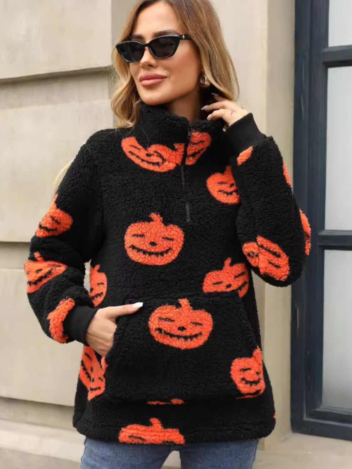 Jack-O'-Lantern Half Zip Long Sleeve Sweatshirt-TOPS / DRESSES-[Adult]-[Female]-2022 Online Blue Zone Planet