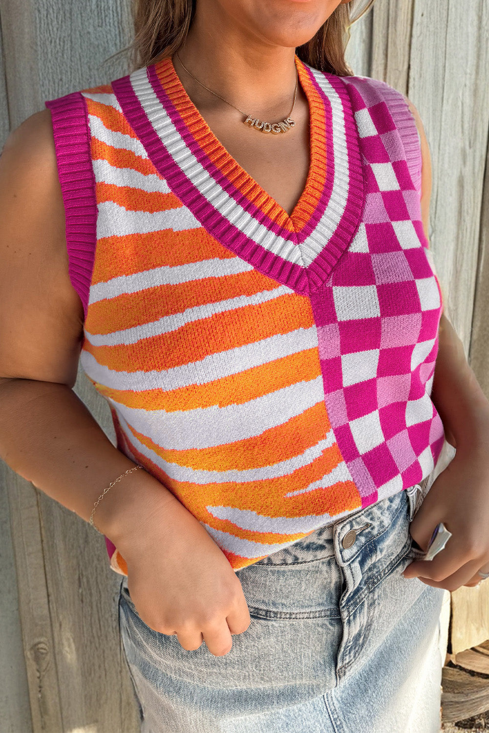 Yellow Striped Checkered Contrast Patchwork V Neck Sweater Vest-Sweaters & Cardigans/Sweater Vests-[Adult]-[Female]-Yellow-S-2022 Online Blue Zone Planet