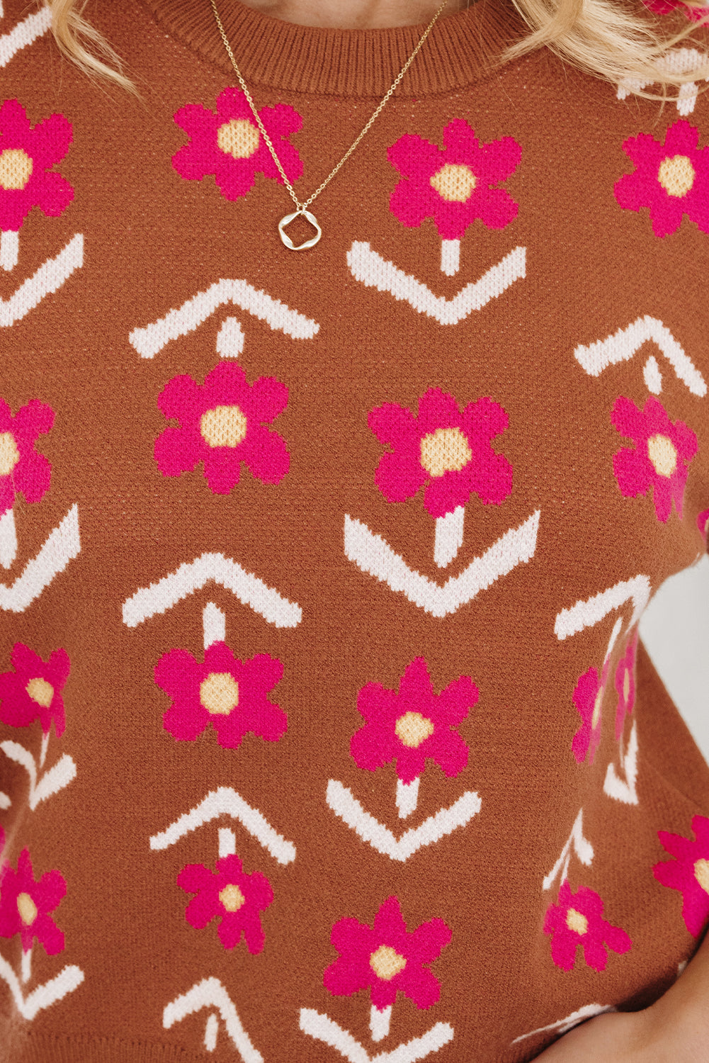 Brown Floral Short Puff Sleeve Sweater-TOPS / DRESSES-[Adult]-[Female]-2022 Online Blue Zone Planet