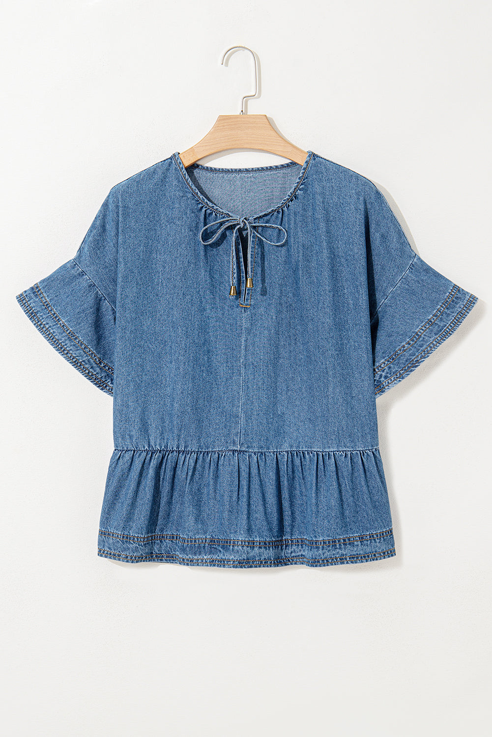 Dusk Blue Denim Ruffled Sleeve Lace up Front Peplum Top-Tops/Bodysuits-[Adult]-[Female]-2022 Online Blue Zone Planet