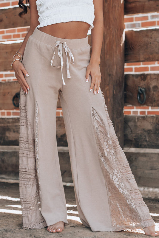 Smoke Gray Lace Patchwork Wide Leg High Waist Pants-Pants-[Adult]-[Female]-Smoke Gray-S-2022 Online Blue Zone Planet