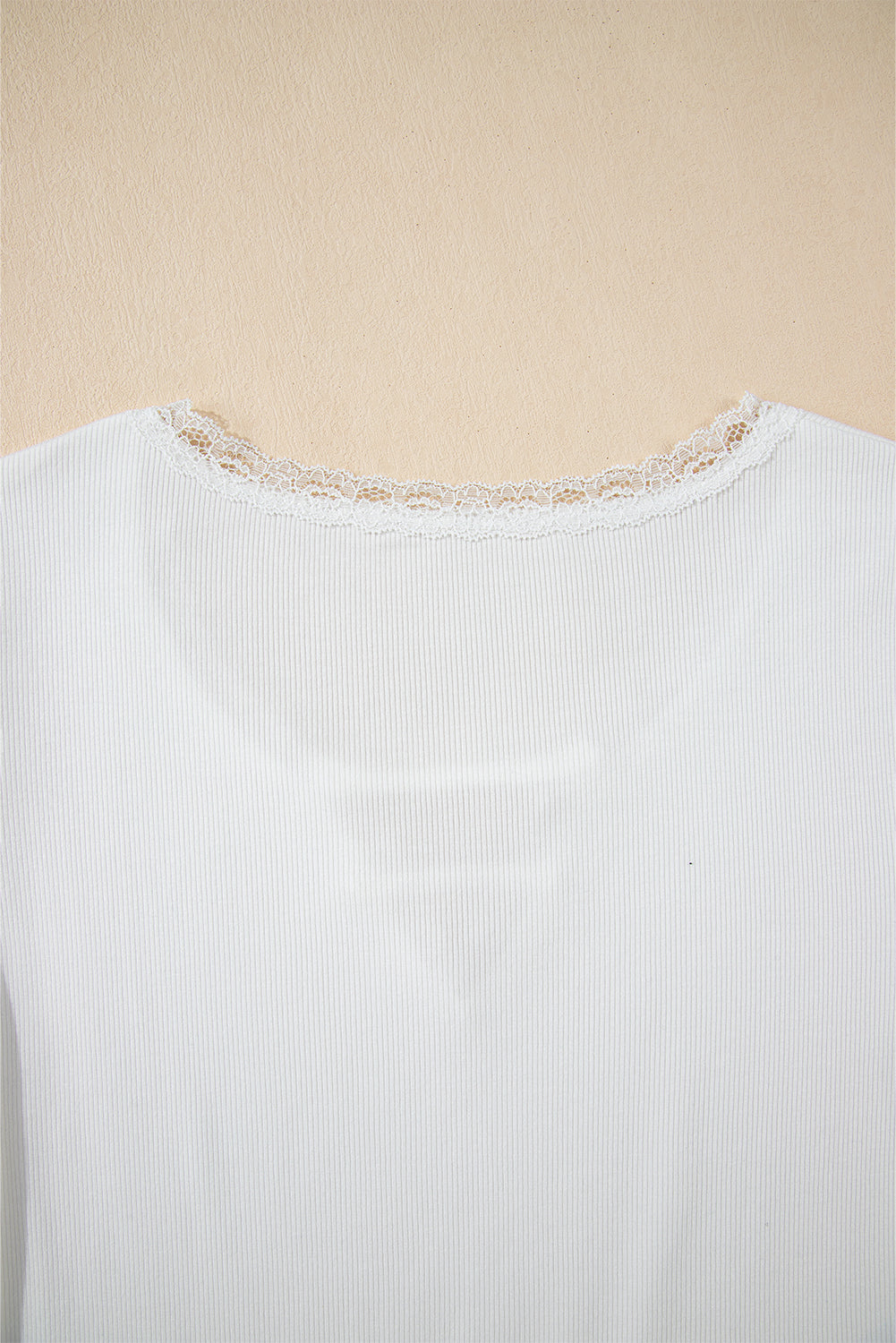 White Lace V Neckline Ribbed Slim Fit T Shirt-Tops/Tops & Tees-[Adult]-[Female]-2022 Online Blue Zone Planet