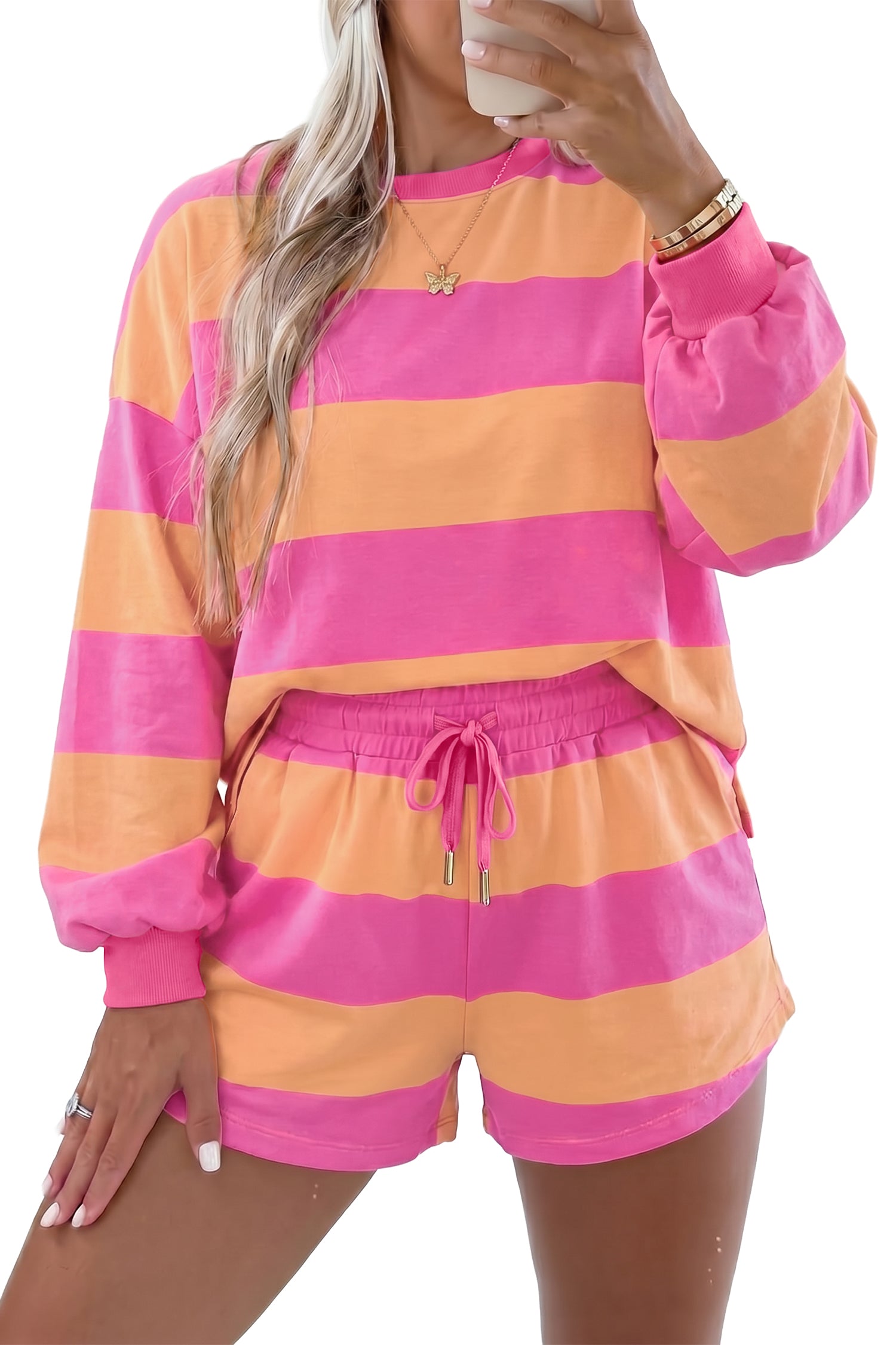 Pink Stripe Long Sleeve Casual Top Drawstring Shorts 2pcs Set-Two Piece Sets/Short Sets-[Adult]-[Female]-2022 Online Blue Zone Planet