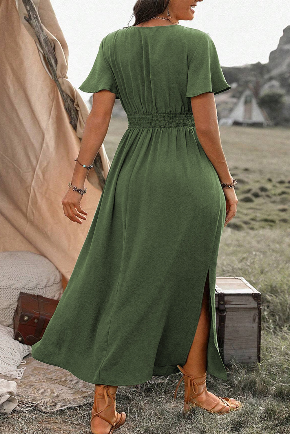 Four Leaf Clover Surplice Neckline Shirred High Waist Plus Size Maxi Dress-TOPS / DRESSES-[Adult]-[Female]-2022 Online Blue Zone Planet