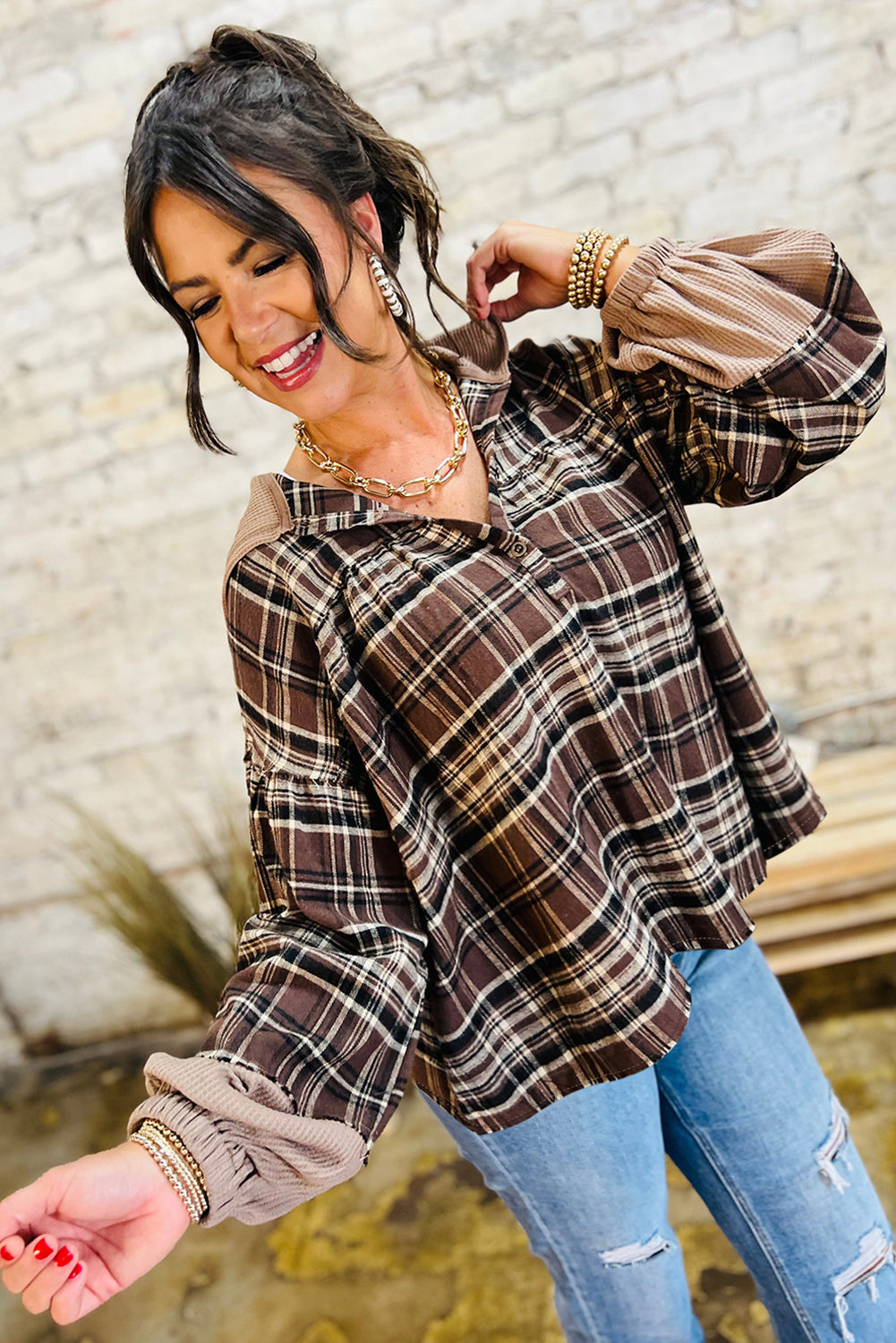 Brown Plaid Patchwork Long Sleeve Button Hooded Blouse-Tops / Dresses-[Adult]-[Female]-2022 Online Blue Zone Planet