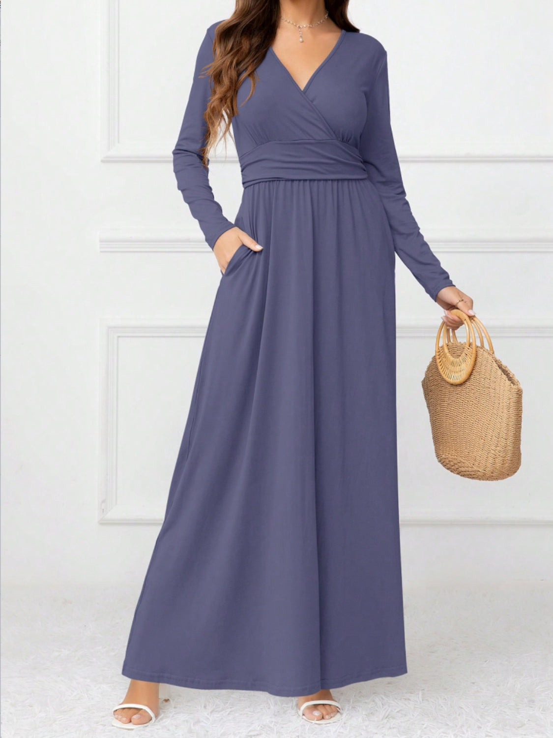 Pocketed Surplice Long Sleeve Maxi Dress-TOPS / DRESSES-[Adult]-[Female]-2022 Online Blue Zone Planet