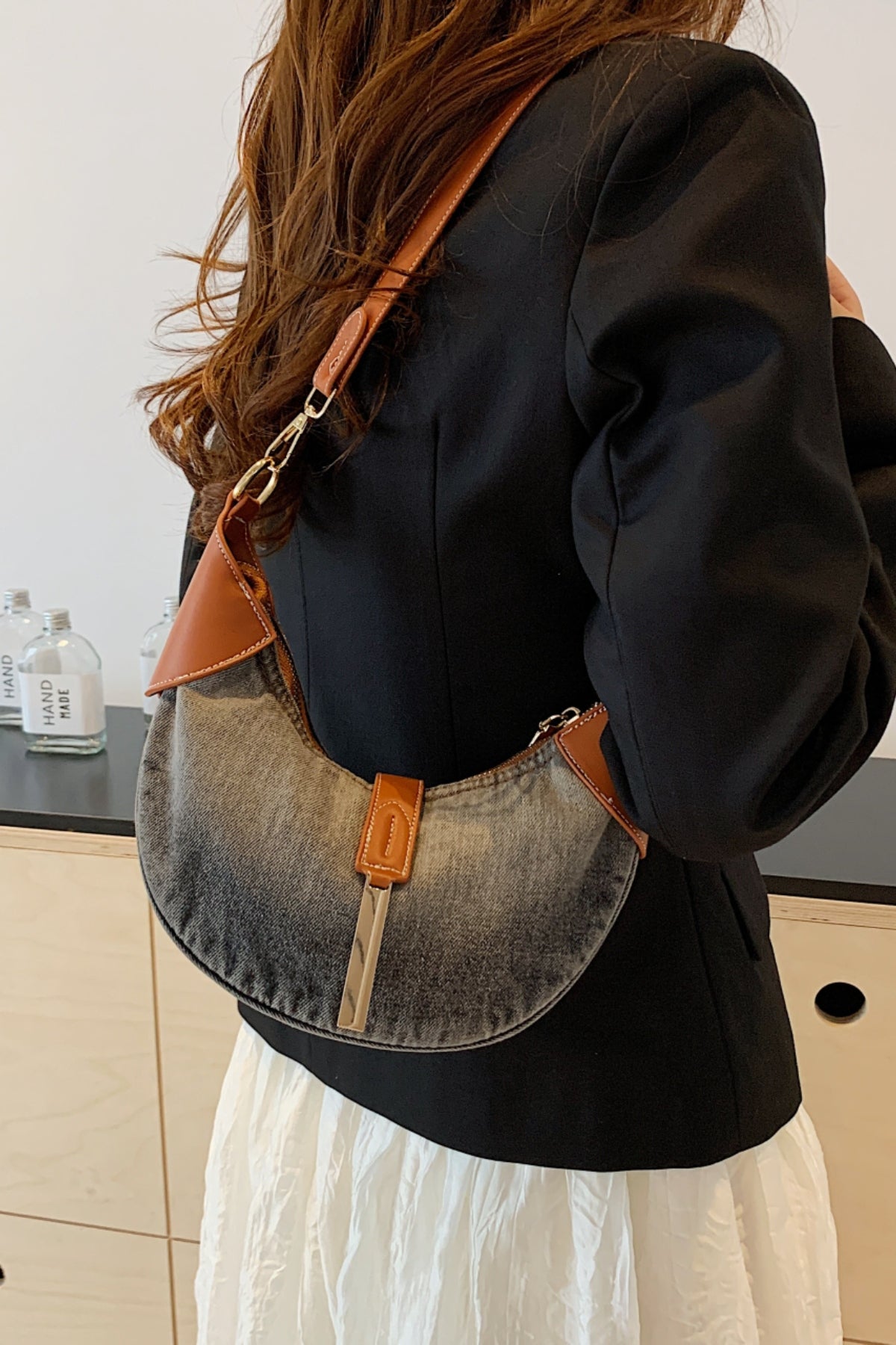 Contrast Denim Shoulder Bag-[Adult]-[Female]-2022 Online Blue Zone Planet