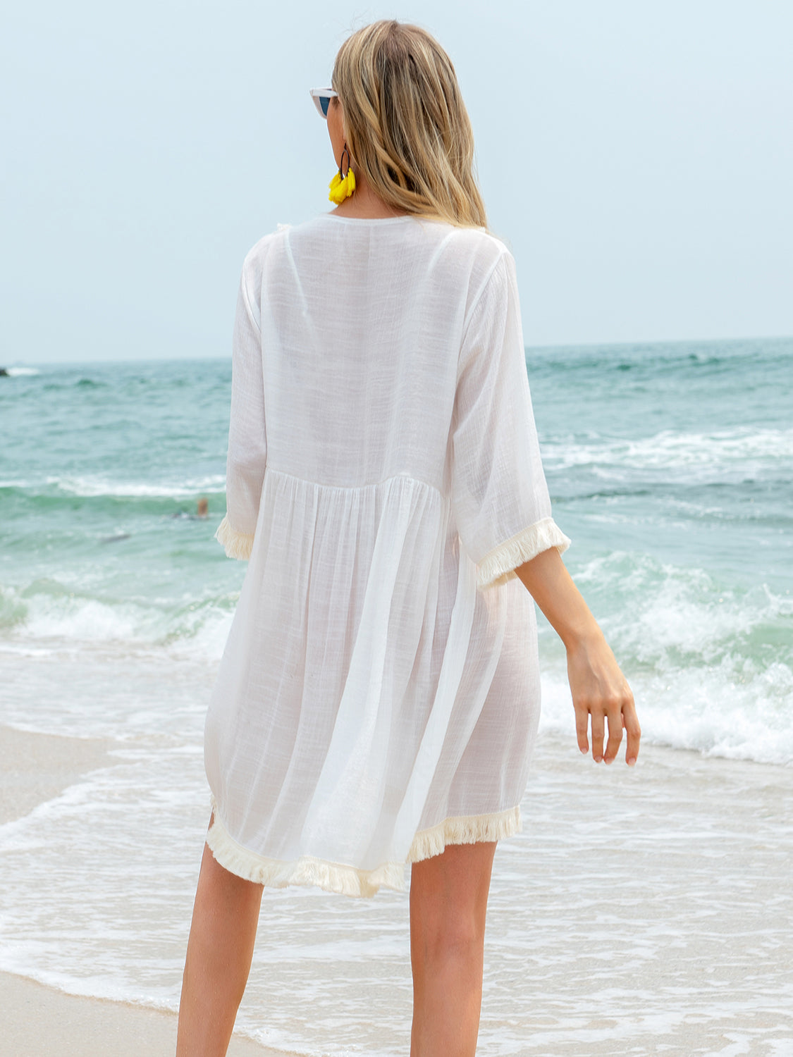 Tassel V-Neck Three-Quarter Sleeve Cover Up-TOPS / DRESSES-[Adult]-[Female]-White-One Size-2022 Online Blue Zone Planet