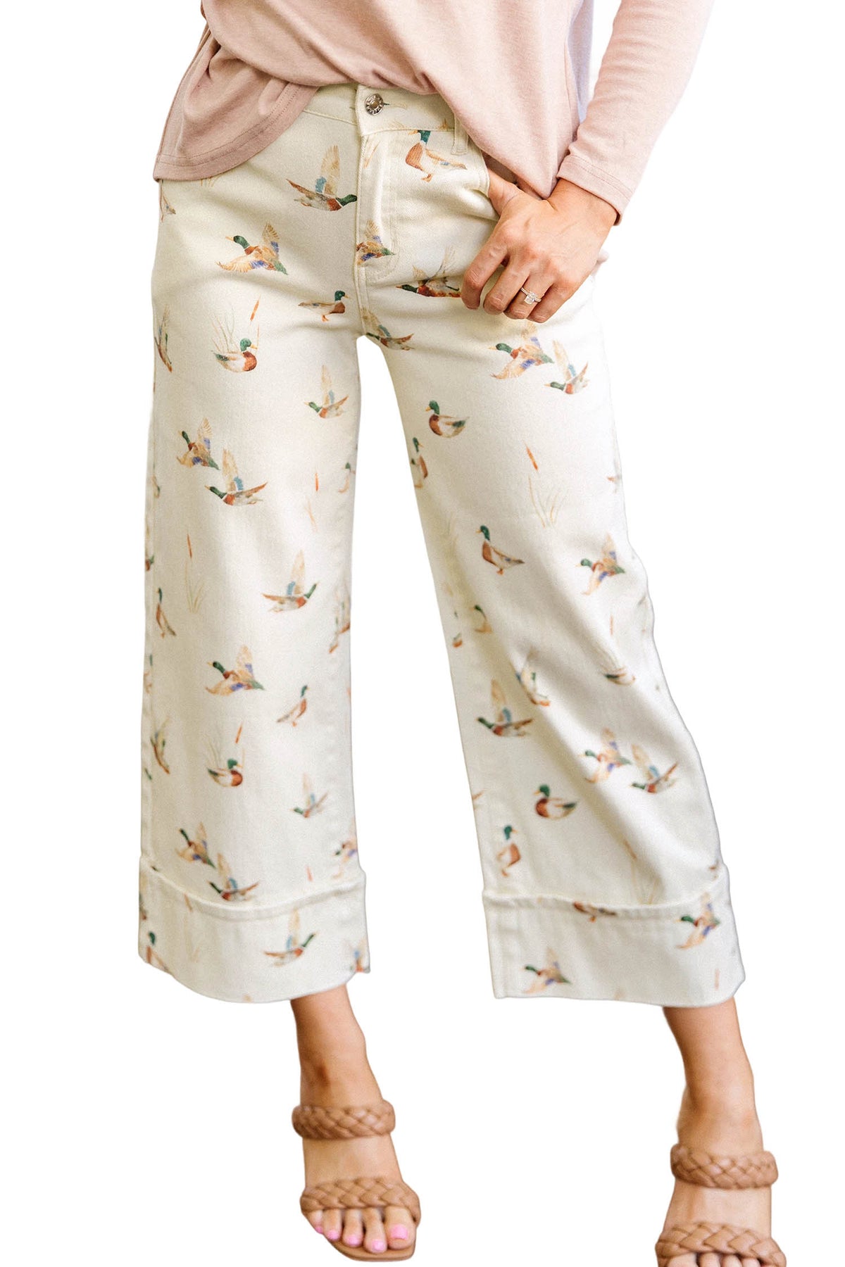 Beige Stylish Mallard Printed Cuffed Hem Shift Jeans-Bottoms/Jeans-[Adult]-[Female]-2022 Online Blue Zone Planet