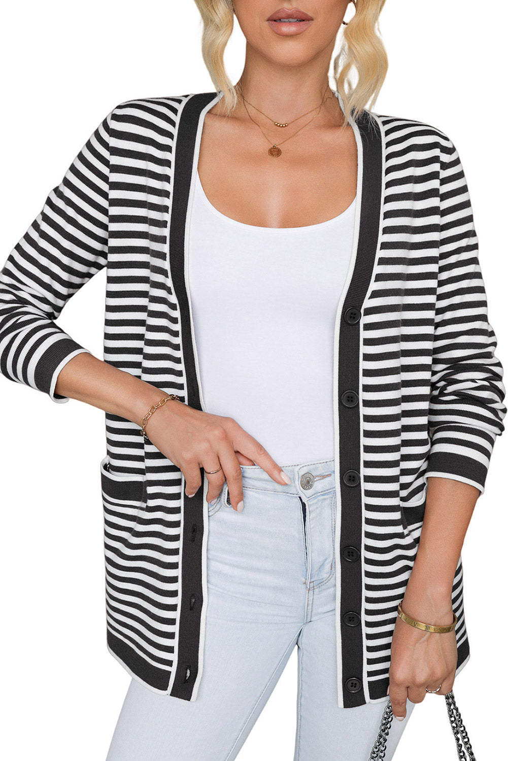 Striped Open Front Long Sleeve Cardigan-TOPS / DRESSES-[Adult]-[Female]-2022 Online Blue Zone Planet