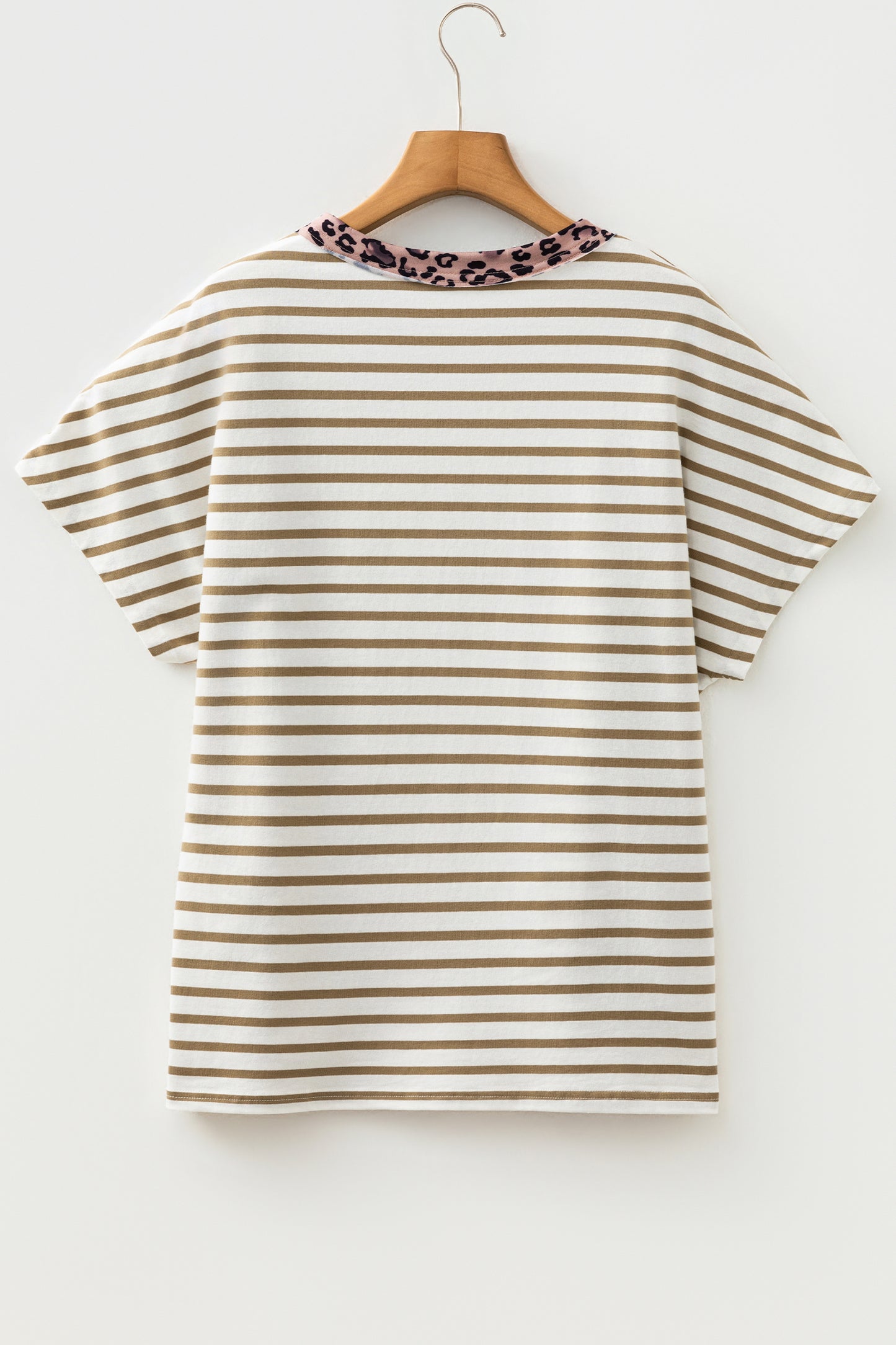 Khaki Stripe Leopard Patchwork Round Neck Loose T Shirt-Tops/Tops & Tees-[Adult]-[Female]-2022 Online Blue Zone Planet