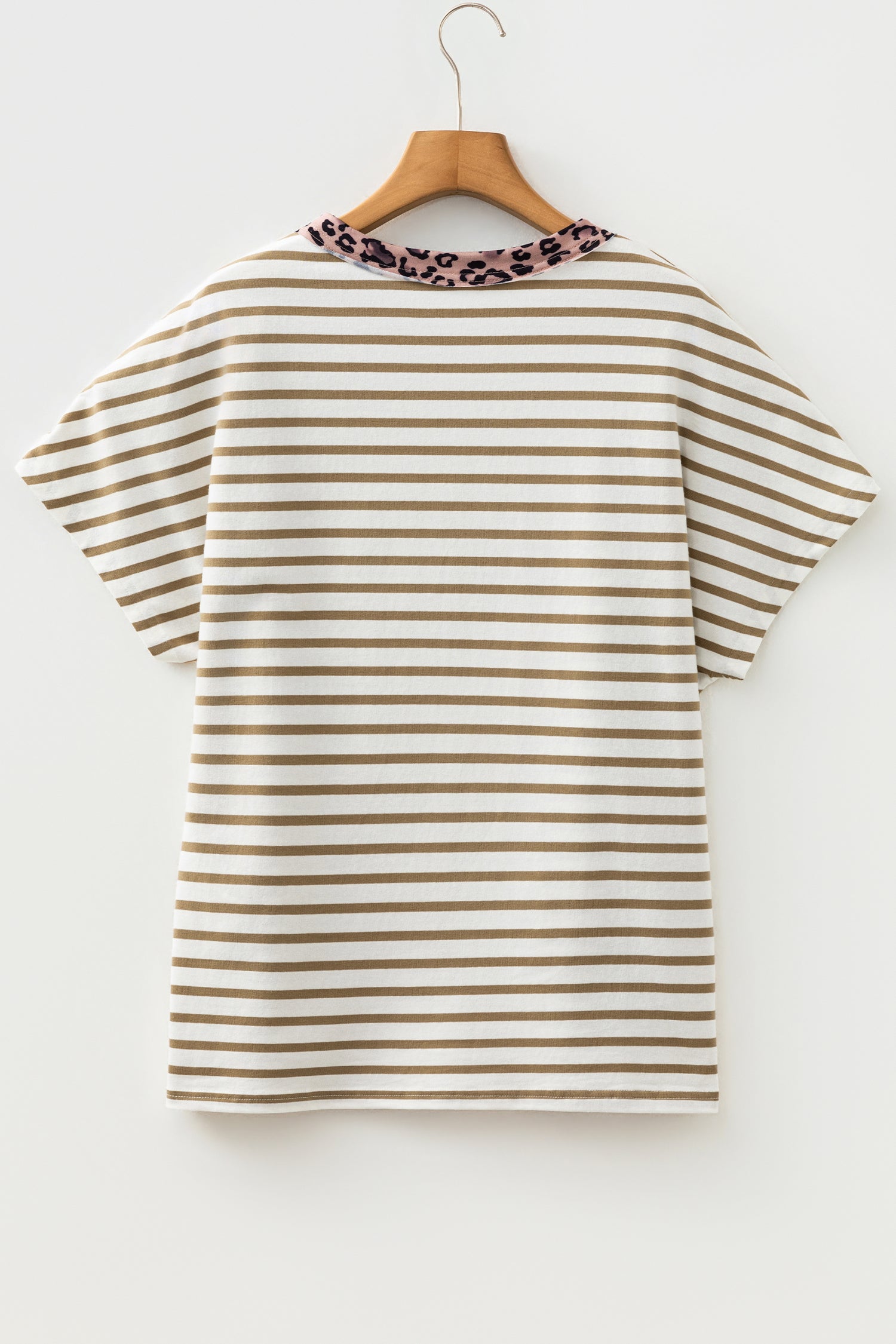 Khaki Stripe Leopard Patchwork Round Neck Loose T Shirt-Tops/Tops & Tees-[Adult]-[Female]-2022 Online Blue Zone Planet