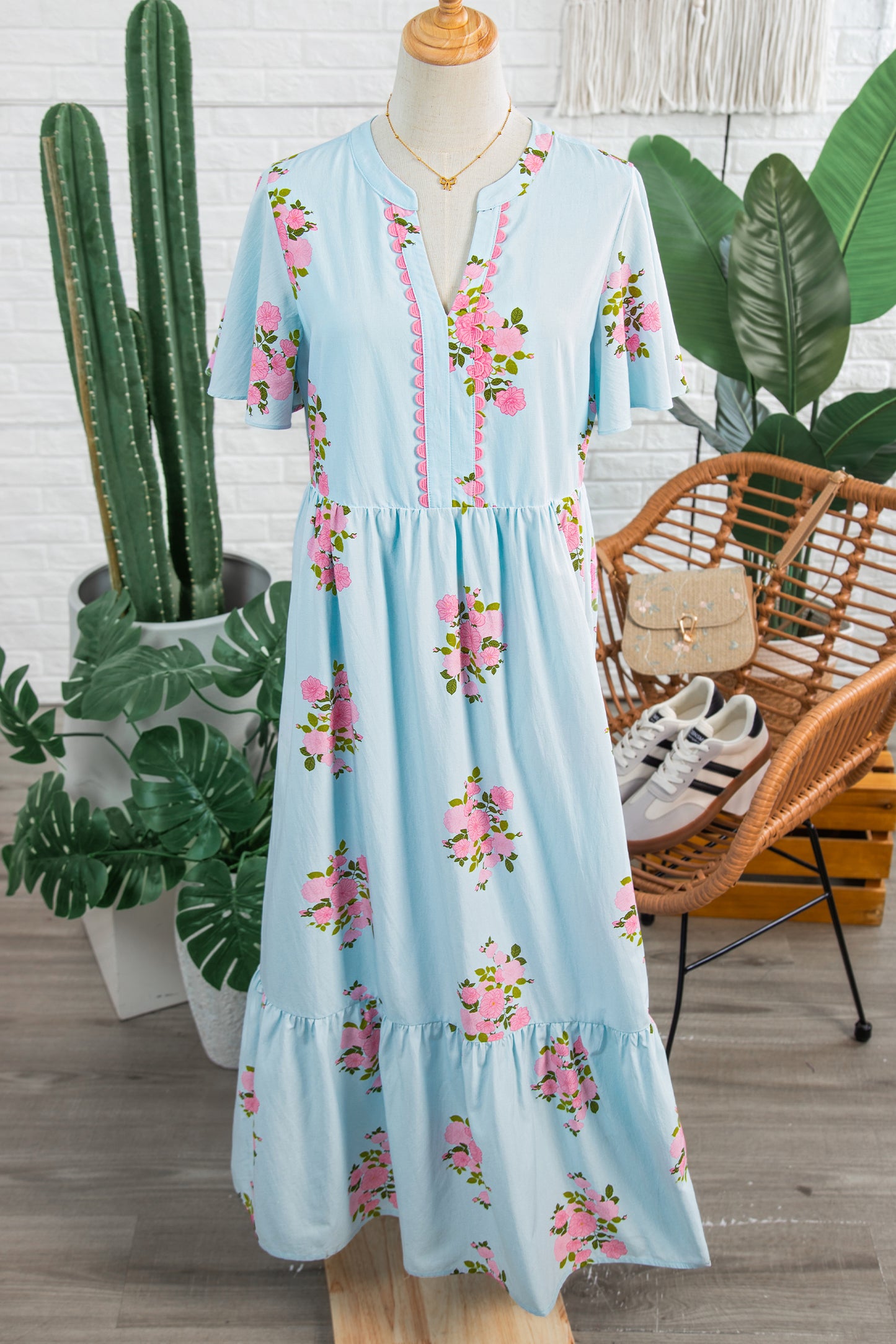 Sky Blue Notched Neck Flutter Short Sleeve Floral Print Maxi Dress-TOPS / DRESSES-[Adult]-[Female]-2022 Online Blue Zone Planet