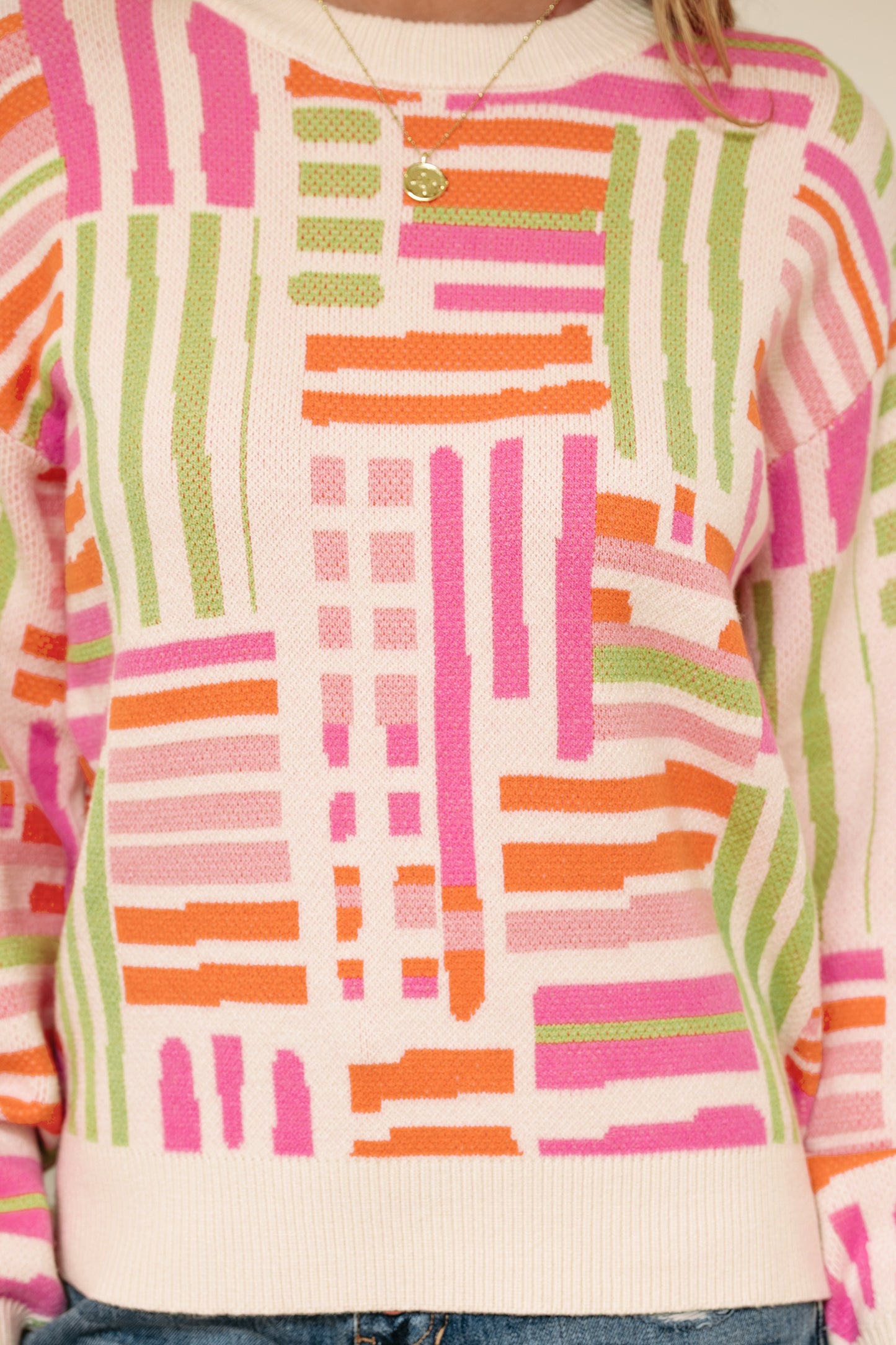 Rose Love Lines Pattern Crew Neck Puff Sleeve Sweater-TOPS / DRESSES-[Adult]-[Female]-2022 Online Blue Zone Planet