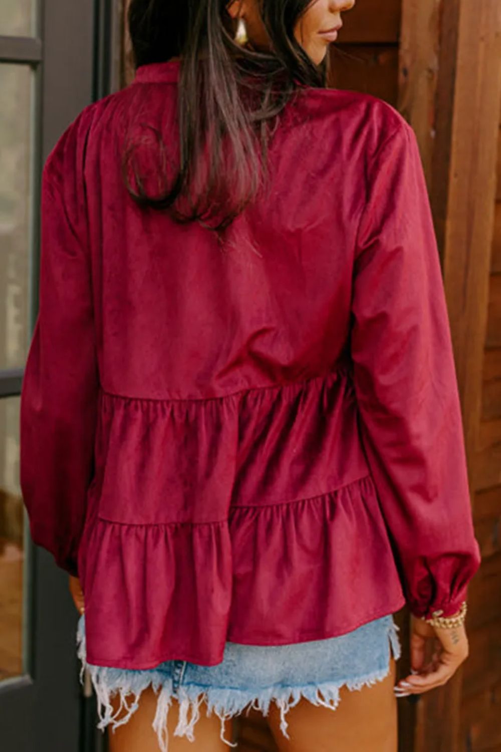 Peplum Round Neck Long Sleeve Shirt-TOPS / DRESSES-[Adult]-[Female]-2022 Online Blue Zone Planet
