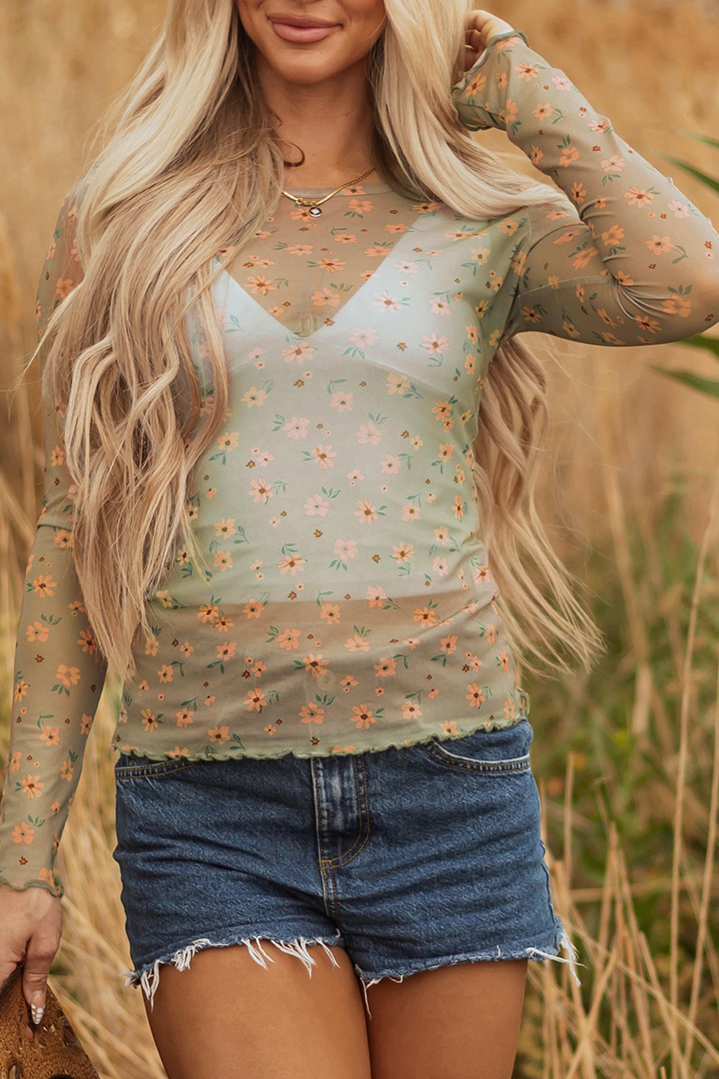 Laurel Green Vintage Floral Print Southern Style Mesh Long Sleeve Top-Tops/Long Sleeve Tops-[Adult]-[Female]-2022 Online Blue Zone Planet