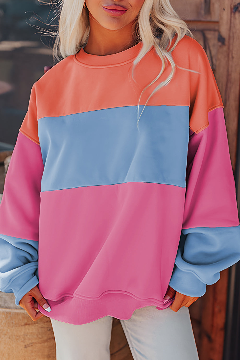 Meadow Mauve Colorblock Patchwork Drop Shoulder Sweatshirt-Tops/Sweatshirts & Hoodies-[Adult]-[Female]-Bright Pink-S-2022 Online Blue Zone Planet