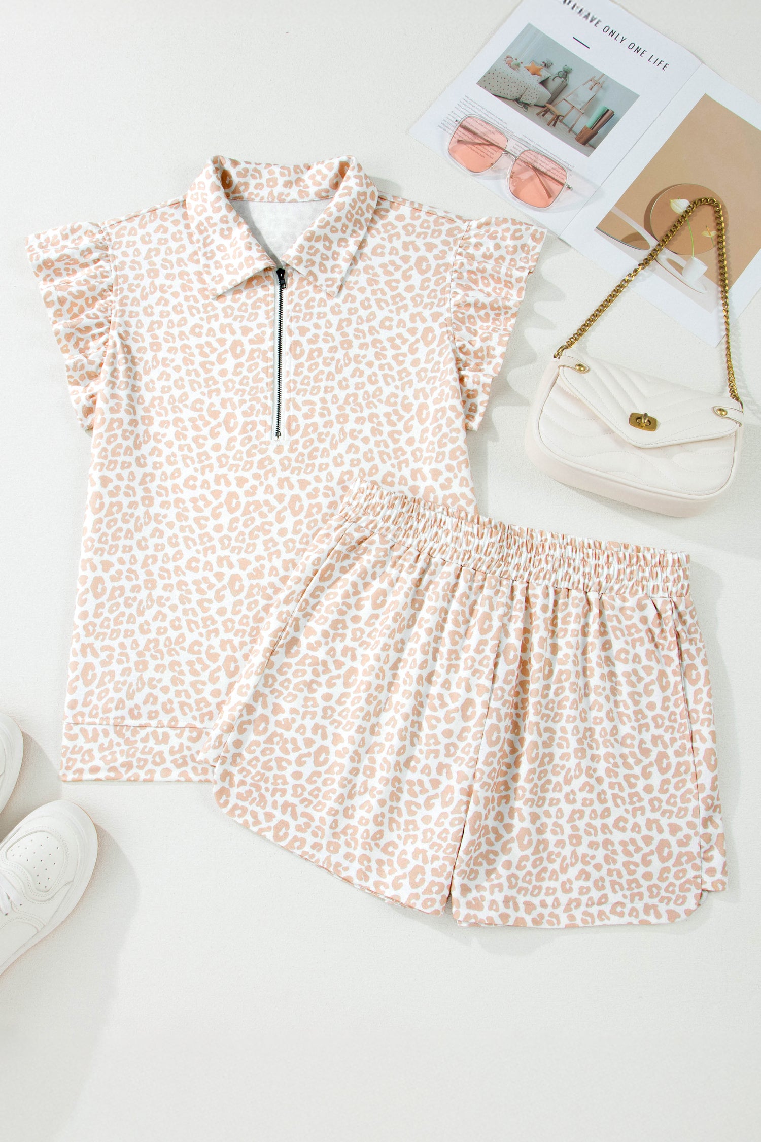 Beige Leopard Zip Polo Top 2pcs Short Set-Two Piece Sets/Short Sets-[Adult]-[Female]-2022 Online Blue Zone Planet