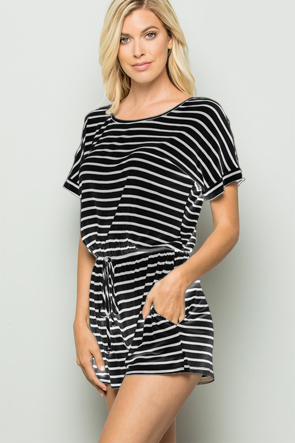 Blue Zone Planet | Heimish Full Size Striped Round Neck Short Sleeve Romper-TOPS / DRESSES-[Adult]-[Female]-2022 Online Blue Zone Planet