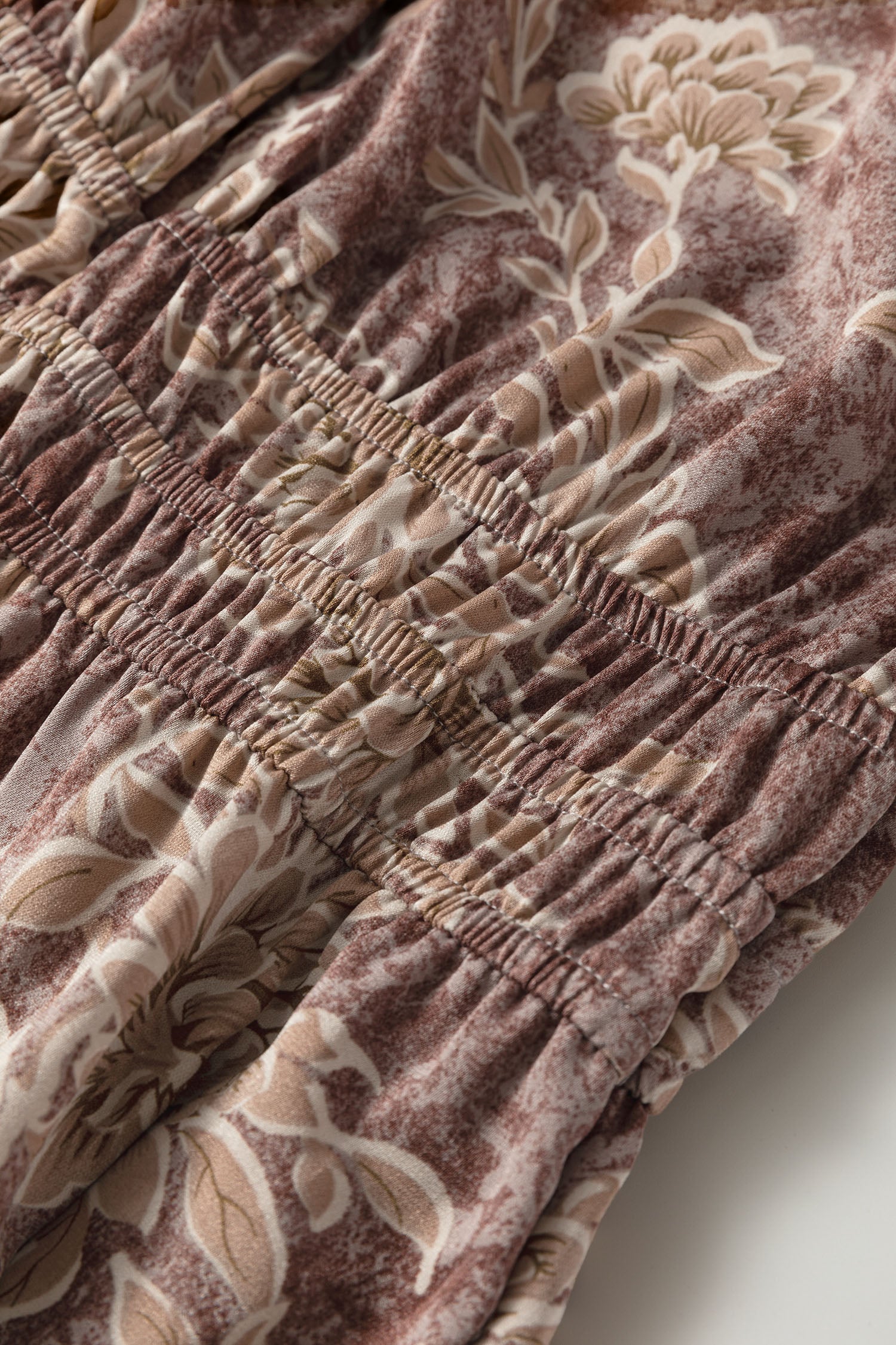 Brown Floral Print Smocked High Waist Long Sleeve Maxi Dress-TOPS / DRESSES-[Adult]-[Female]-2022 Online Blue Zone Planet