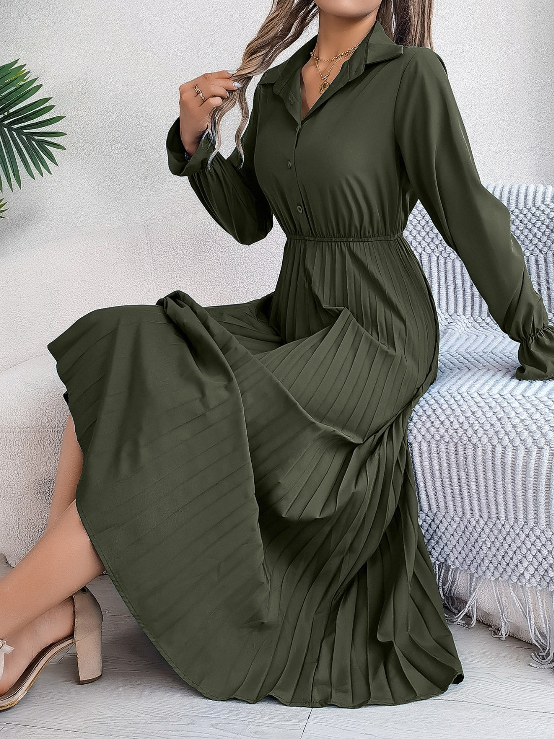 Blue Zone Planet | Pleated Half Button Long Sleeve Midi Dress-TOPS / DRESSES-[Adult]-[Female]-Army Green-S-2022 Online Blue Zone Planet