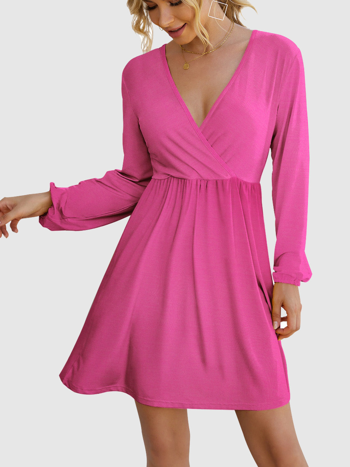 Surplice Long Sleeve Mini Dress-TOPS / DRESSES-[Adult]-[Female]-Deep Rose-S-2022 Online Blue Zone Planet