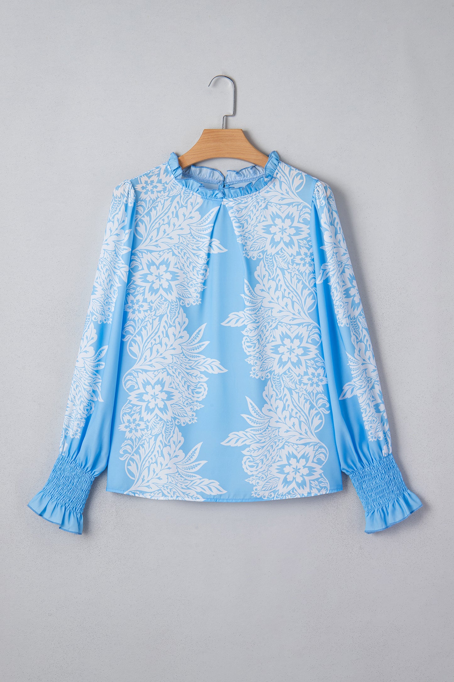 Sky Blue Ruffled Collar Puff Sleeve Flower Blouse-Tops/Blouses & Shirts-[Adult]-[Female]-2022 Online Blue Zone Planet