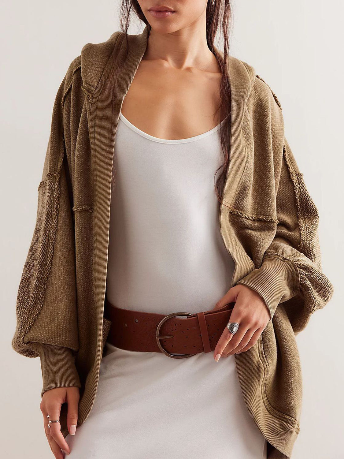 Exposed Seam Open Front Batwing Sleeve Hooded Cardigan-TOPS / DRESSES-[Adult]-[Female]-Coffee Brown-S-2022 Online Blue Zone Planet