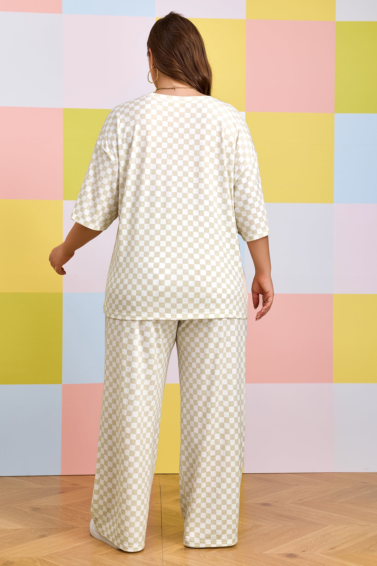 Khaki Plus Size Checkered Print Half Sleeve Tee Loose Pants Two-piece Lounge Set-Plus Size/Plus Size Bottoms-[Adult]-[Female]-2022 Online Blue Zone Planet