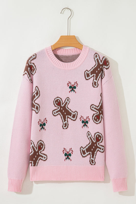 Pink Christmas Ginger Bread Man Print Round Neck Casual Sweater-Sweaters & Cardigans/Sweaters-[Adult]-[Female]-2022 Online Blue Zone Planet