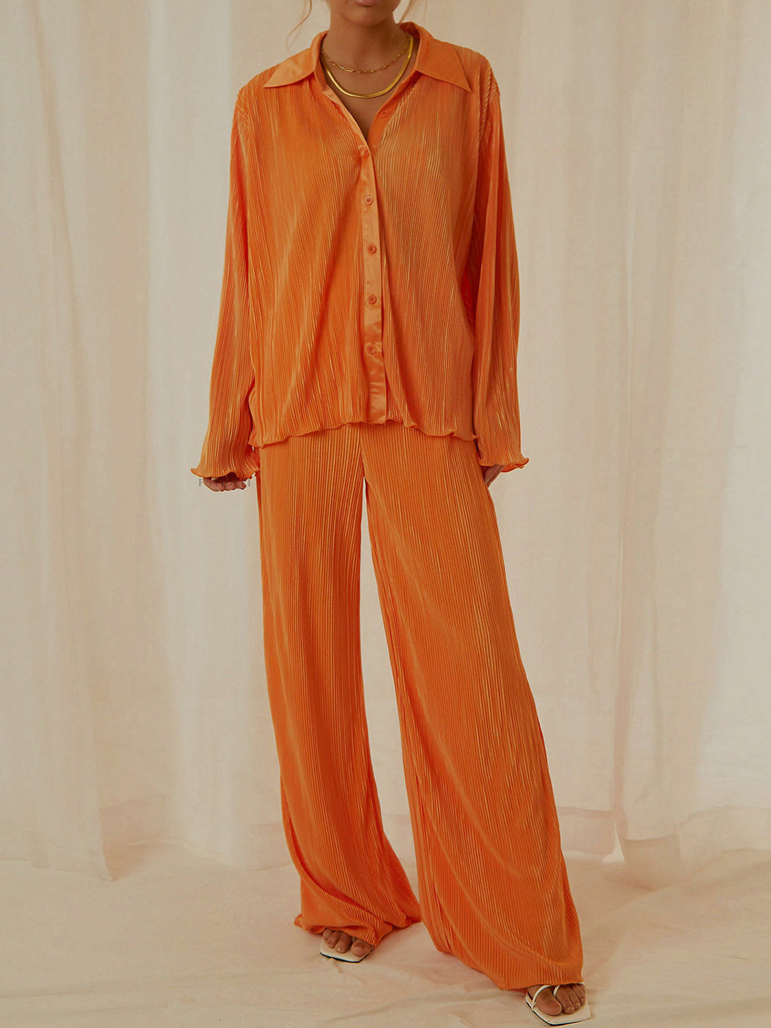 Collared Neck Long Sleeve Top and Pants Lounge Set-TOPS / DRESSES-[Adult]-[Female]-Orange-S-2022 Online Blue Zone Planet