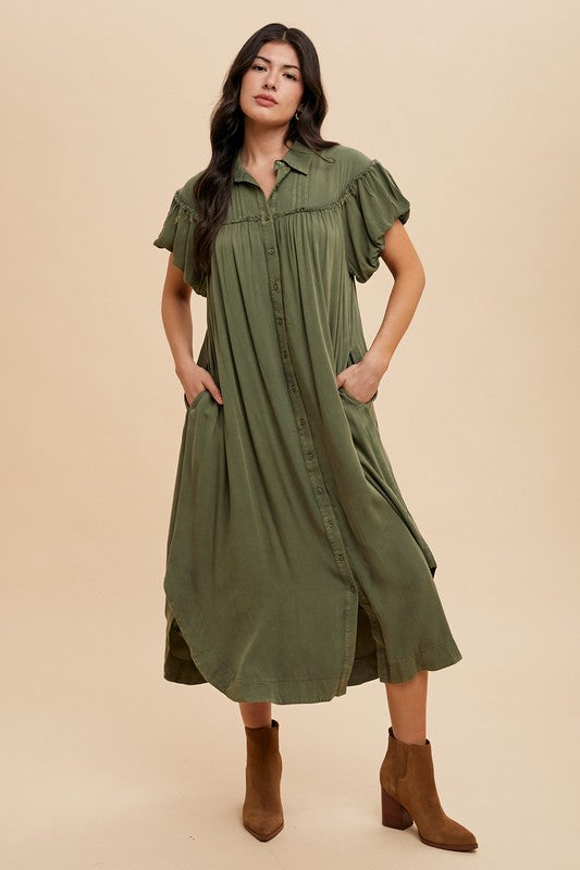 Annie Wear Mineral Washed Button Down Puff Sleeve Shirt Dress-TOPS / DRESSES-[Adult]-[Female]-2022 Online Blue Zone Planet