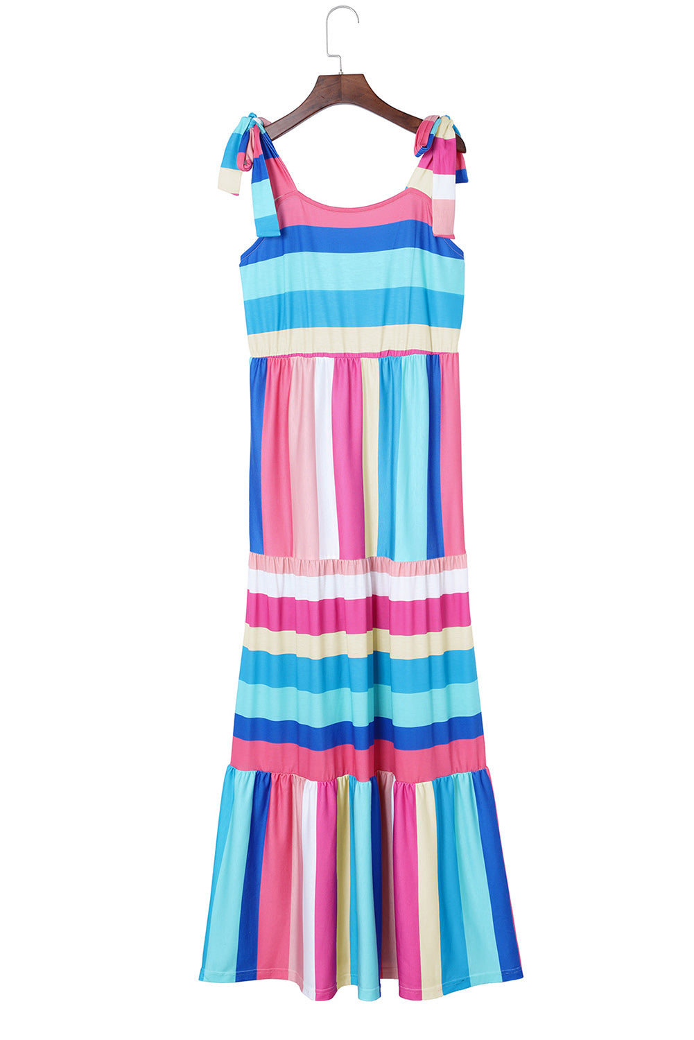 Multicolor Striped Print Bow Knot Straps Sleeveless Maxi Dress-Maxi Dresses-[Adult]-[Female]-2022 Online Blue Zone Planet