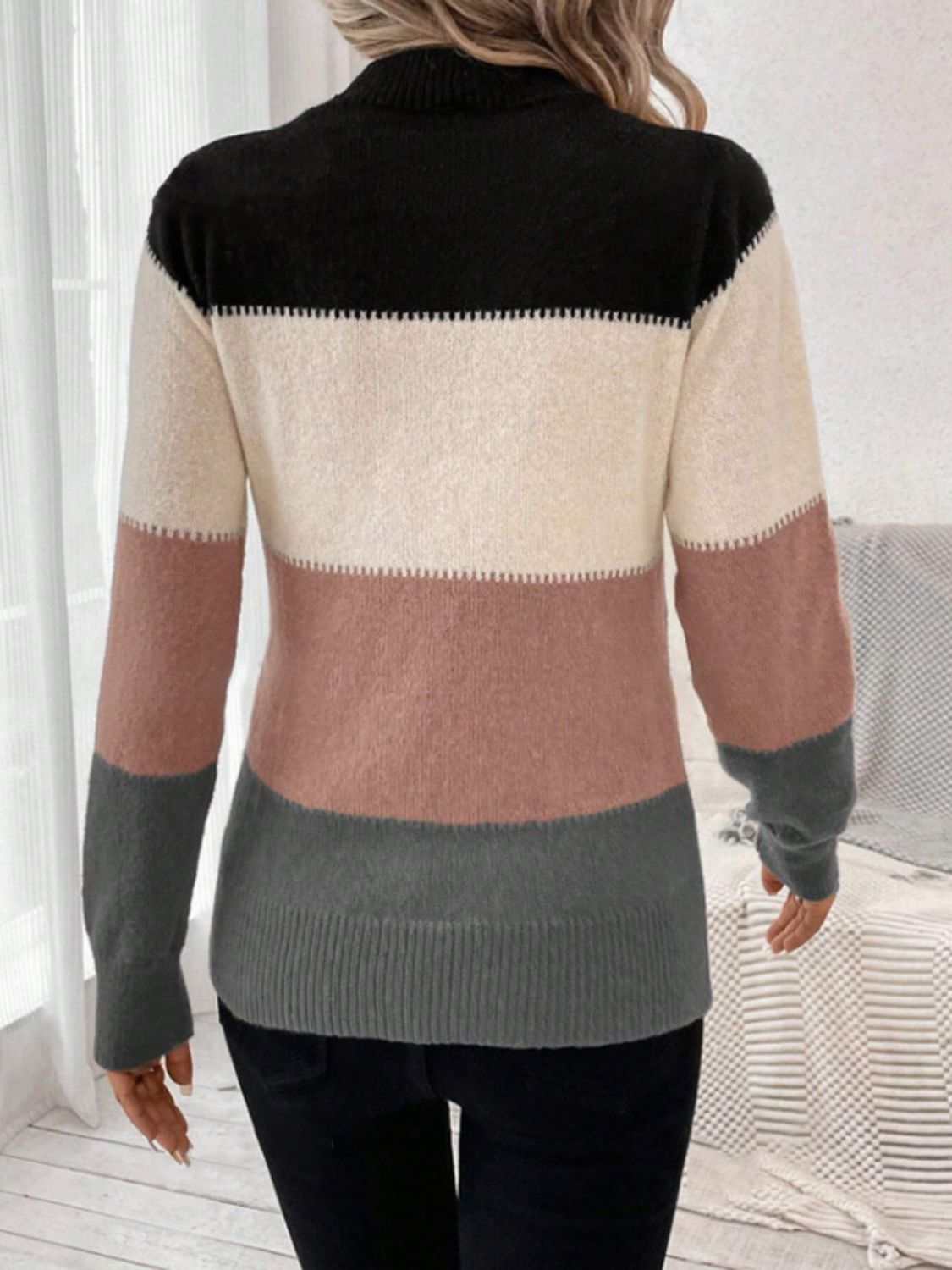 Blue Zone Planet | Color Block Mock Neck Long Sleeve Sweater-TOPS / DRESSES-[Adult]-[Female]-2022 Online Blue Zone Planet