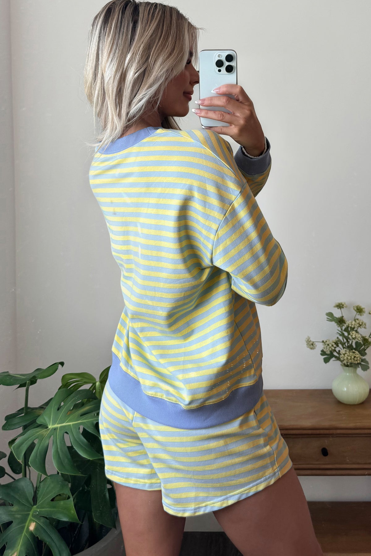 Yellow Stripe Color Block Detail Long Sleeve Pullover Elastic Waist Pull On Shorts 2pcs Set-Two Piece Sets/Short Sets-[Adult]-[Female]-2022 Online Blue Zone Planet