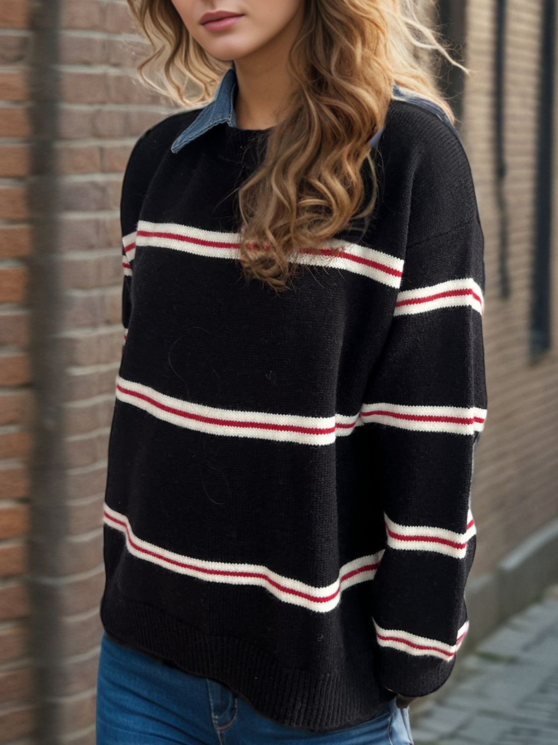 Blue Zone Planet | Contrast Stripes Round Neck Long Sleeve Sweater-TOPS / DRESSES-[Adult]-[Female]-2022 Online Blue Zone Planet