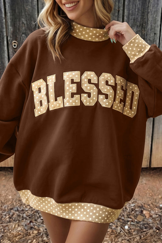 Coffee Polka Dot Trim High Neck BLESSED Letter Graphic Baggy Sweatshirt-Tops/Sweatshirts & Hoodies-[Adult]-[Female]-Coffee-S-2022 Online Blue Zone Planet