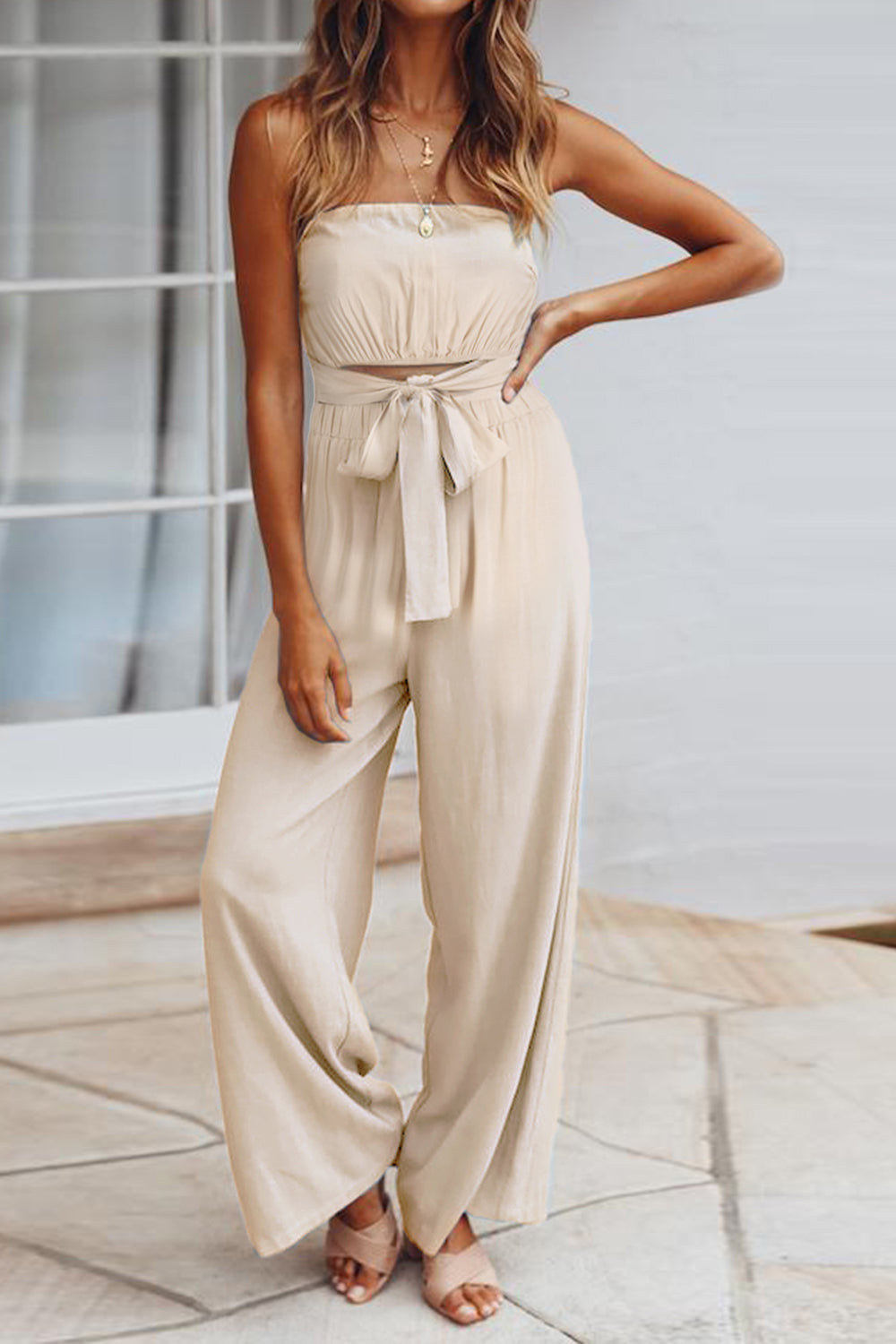 Tied Cutout Tube Wide Leg Jumpsuit-[Adult]-[Female]-Tan-S-2022 Online Blue Zone Planet